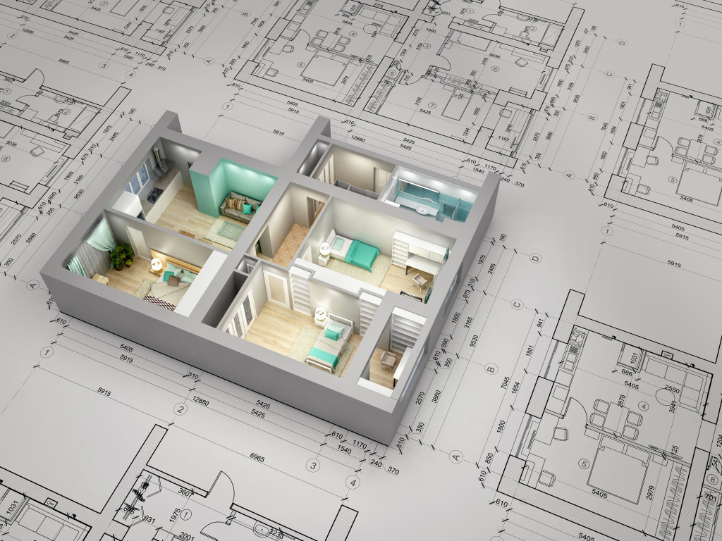 3D floor plan on paper blueprints