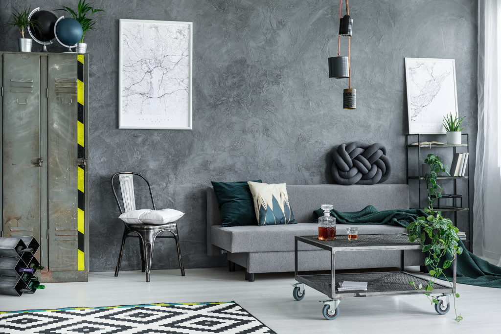 An image of a gray-themed living room in a bachelor's pad